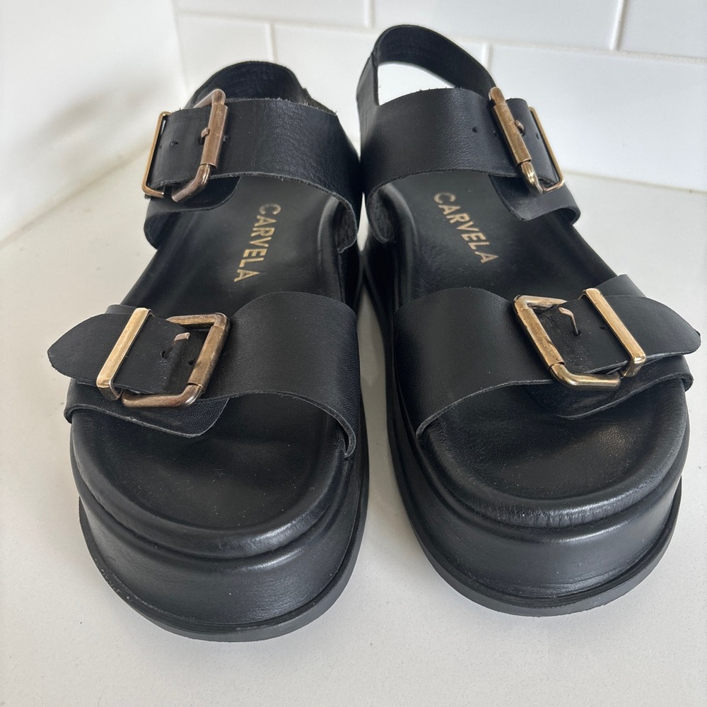Carvela Black Sandals with Gold Buckles